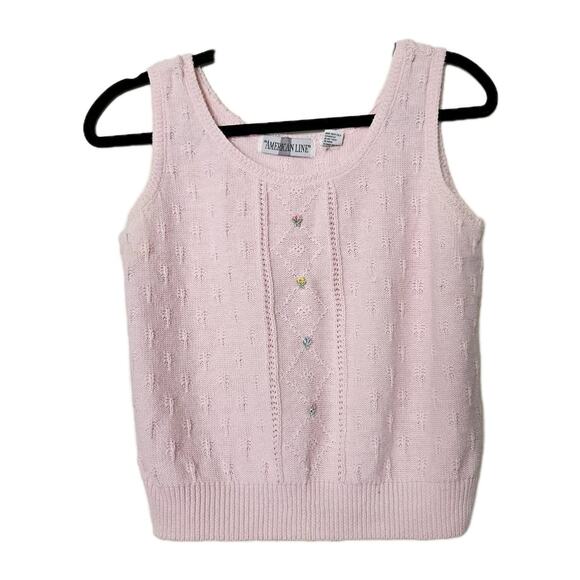 Vtg Pink Floral Sweater Tank Women M 80s Vneck Vest Coquette Retro Boho Babydoll - Picture 1 of 8